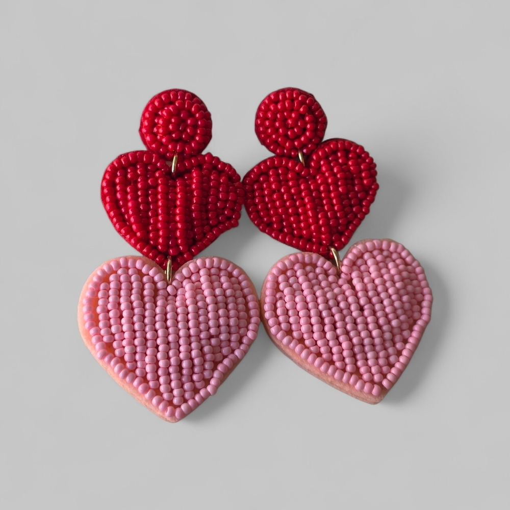 Double Heart Boho Beaded Drop Earrings Layered Boheme Jewelry